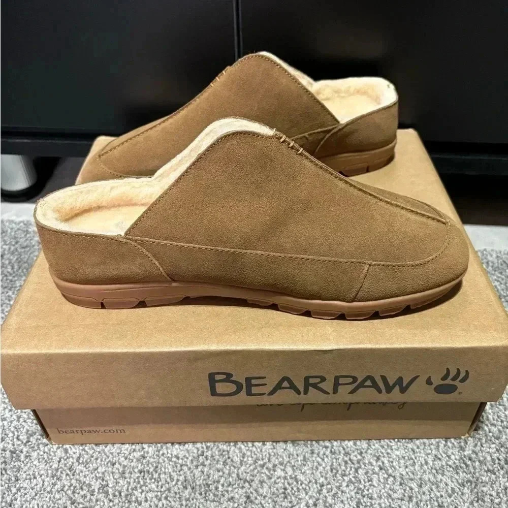 BEARPAW Bruce slip on slippers cowskin upper sheepskin foot bed,traction…
